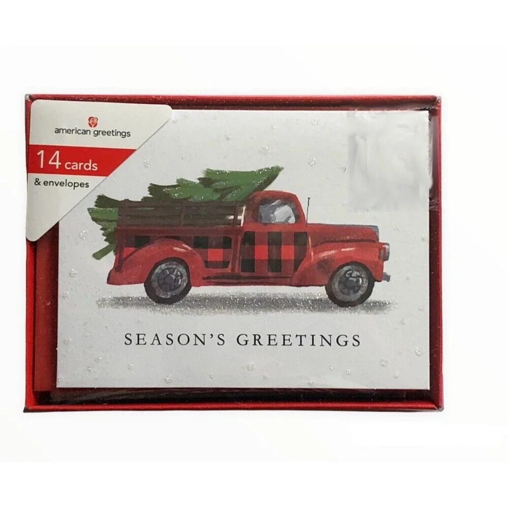 Christmas Tree American Greetings Red Farm Truck Cards Boxed 14 Cards Envelopes